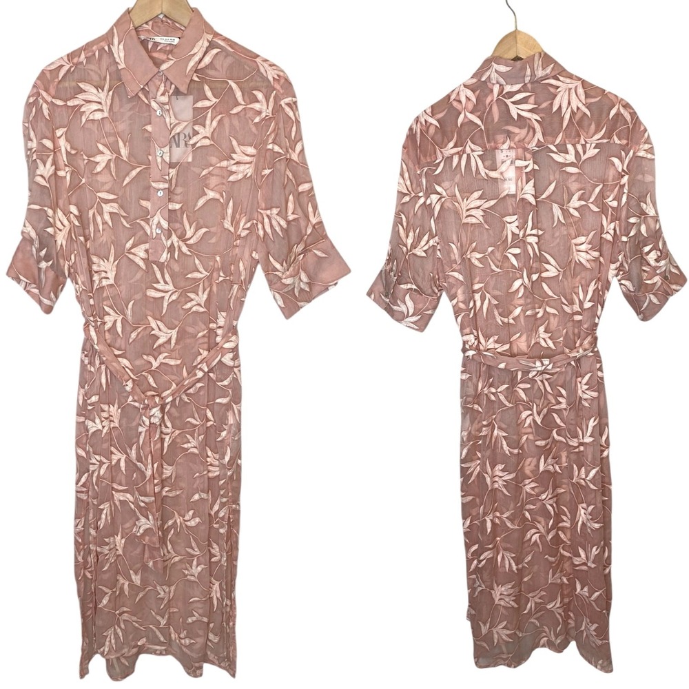 Zara Sheer Embroidered Midi Dress in Pink NEW size Small